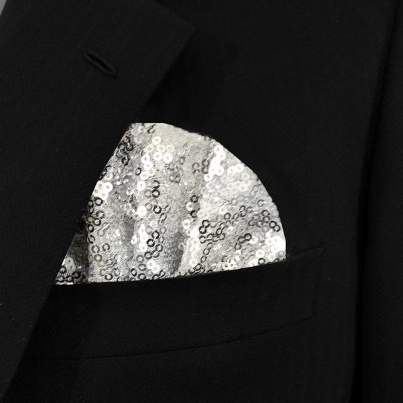 NEW Men's Sequin Pre-Folded Pocket Square Insert - Silver - Picture 5 of 5